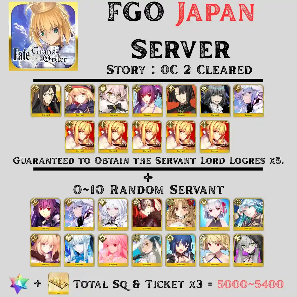 Japan Server | Total SQ+ Ticket 5000+, FULL RGB SP + Lord Logres x5 + 0~10 SSR Random Servants